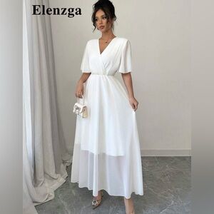 Elenzga White Chiffon Maxi Dress | Flutter Sleeve | NWT